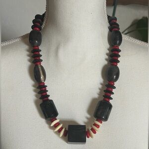 Vintage 50’s Black Carved Wood, Red & White Bakelite Geometric Beaded Necklace